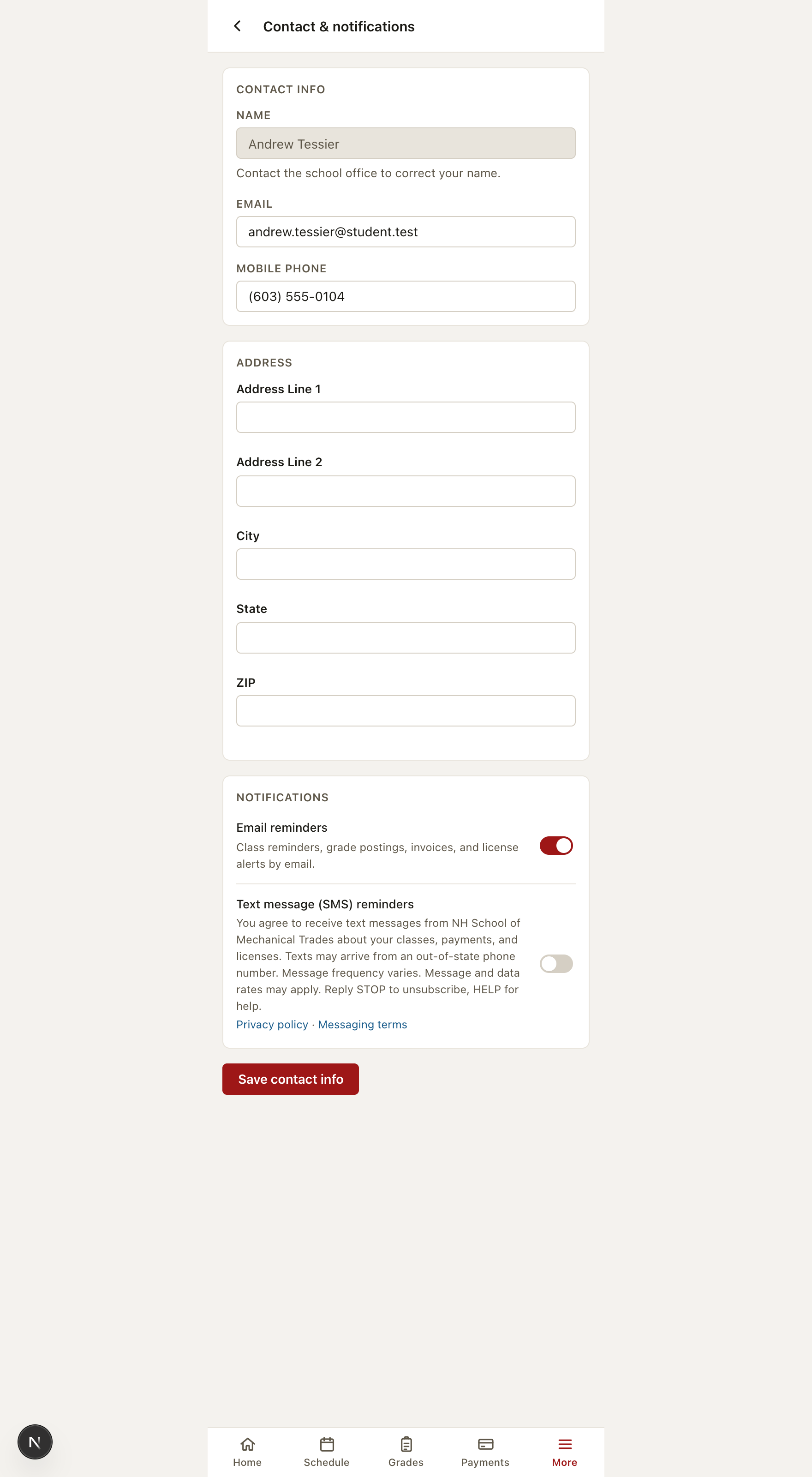 The full Contact and notifications page in the Shopclass student portal, showing contact fields above the notification preferences.