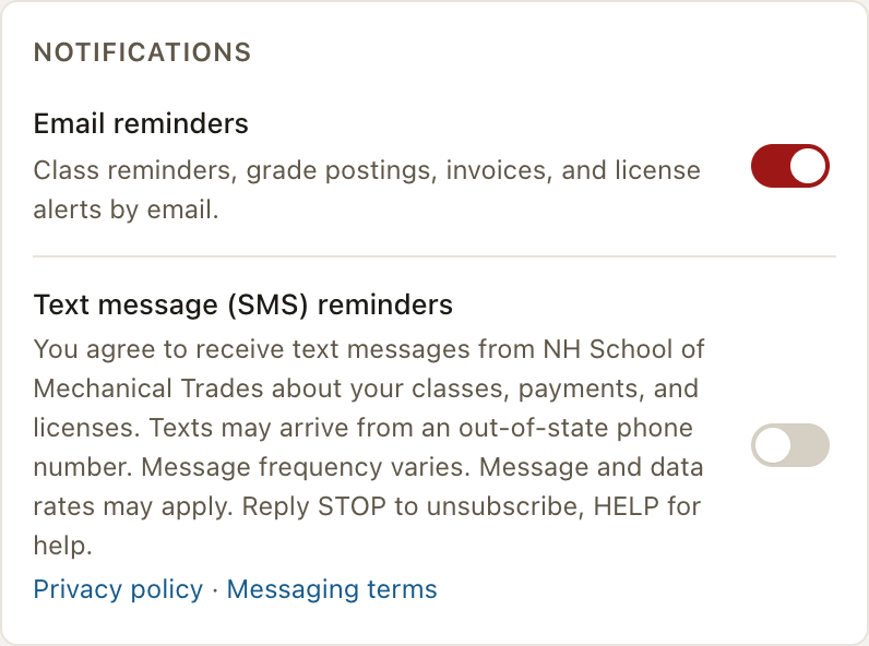 The Shopclass student portal notification preferences, showing the text message opt-in control switched off by default, the required disclosures, and links to the privacy policy and messaging terms.